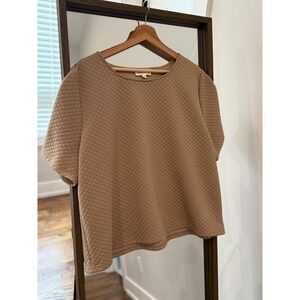 Lovely Melody Quilted Crew Neck Short Sleeve Boxey Top Camel 2XL Brown neutral